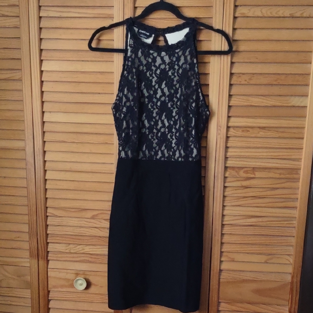 Bebe Black Nude Lace Rayon Keyhole Cutout Back Halter Pencil Skirt Dress Size M